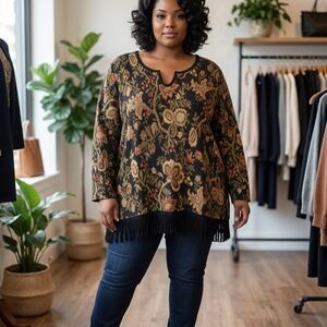 Nina Leonard Black Floral Tunic with Fringe Hem